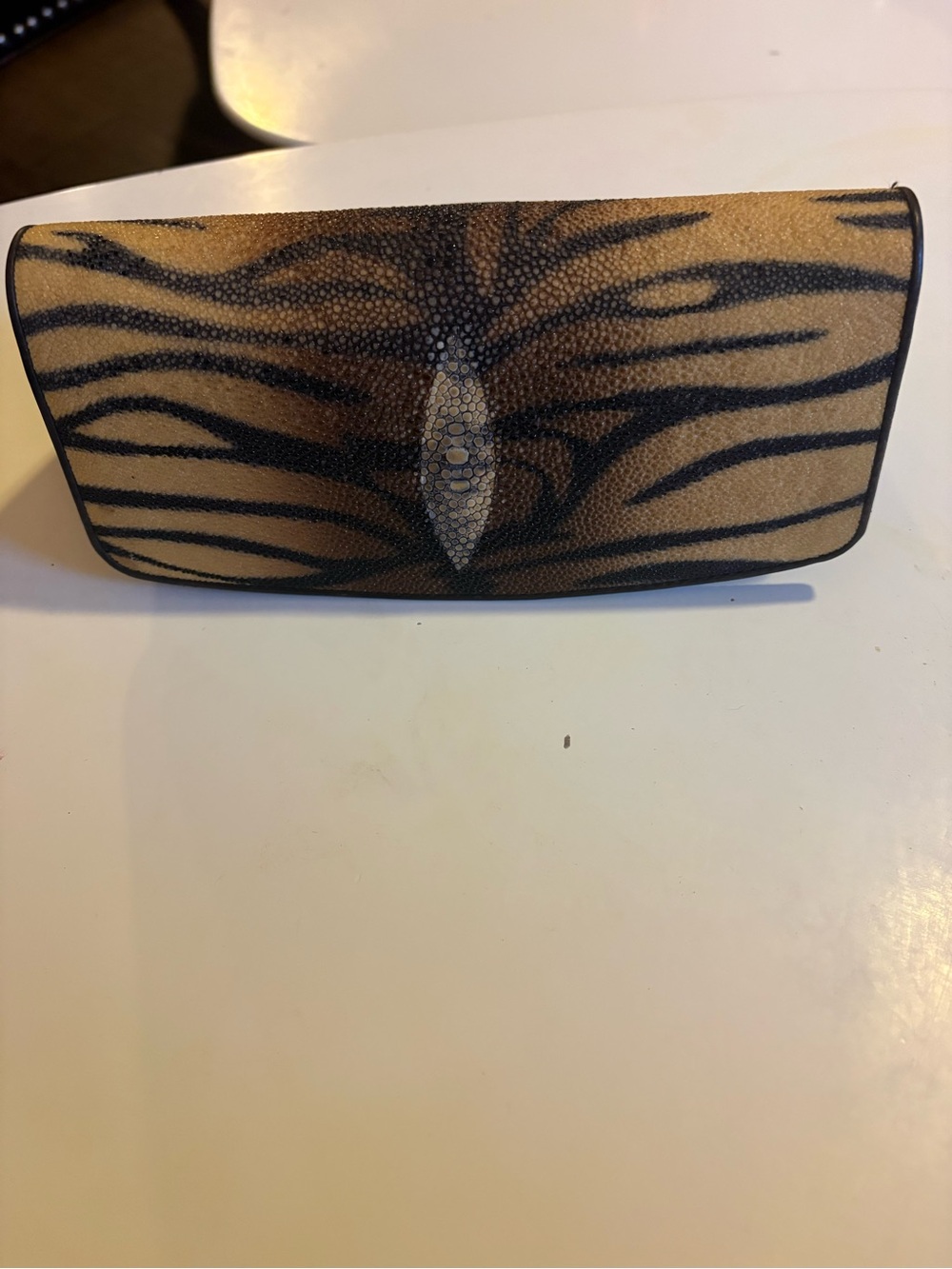 Vintage Stingray leather wallet featuring a hand-painted tiger stripe pattern